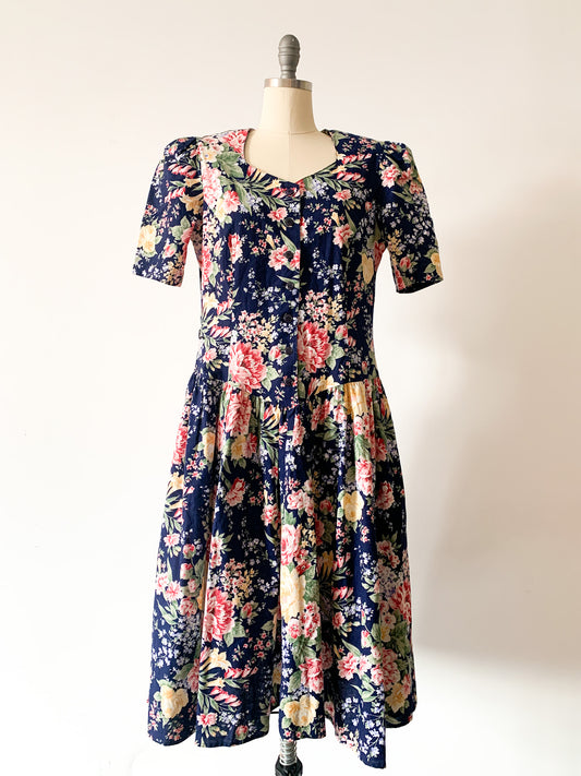 Navy Puff Sleeve Floral Dress